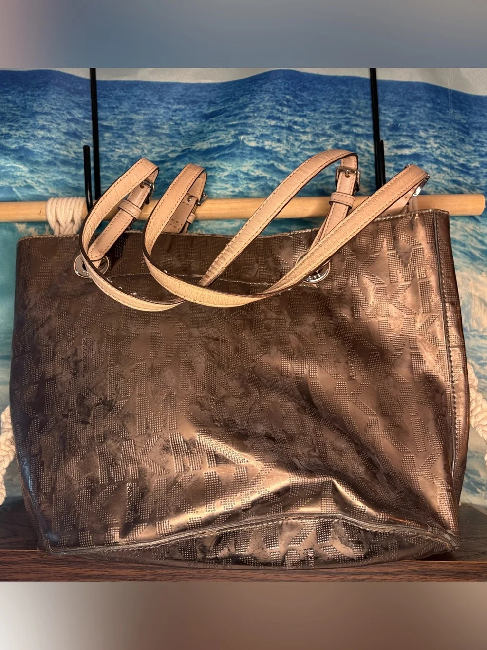 Michael Kors Metallic Bronze MK Tote with Tan Handles